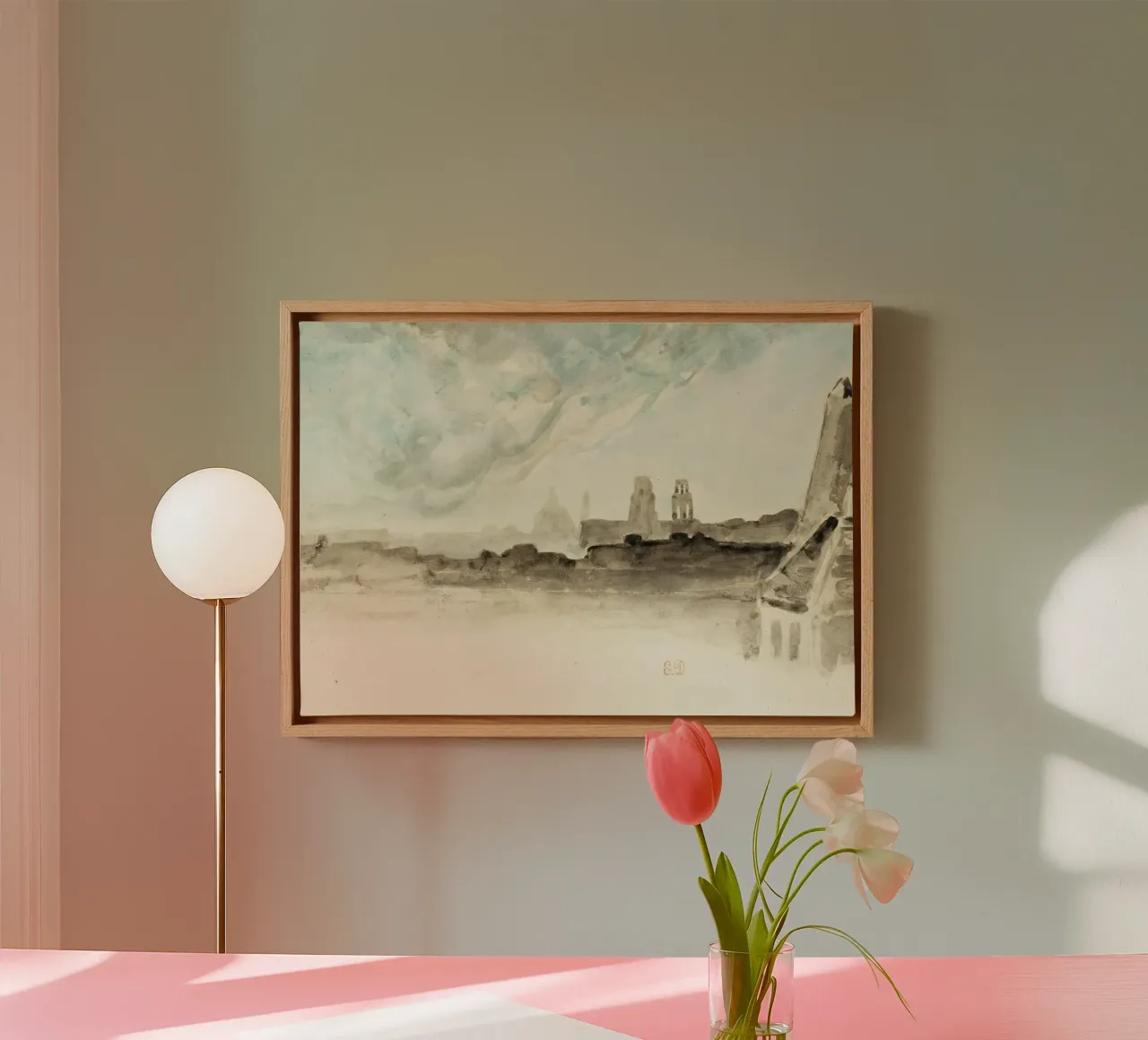 Distant Cityscape: Historic Skyline, Atmospheric Sketch canvas with Floater frame by ClubArt