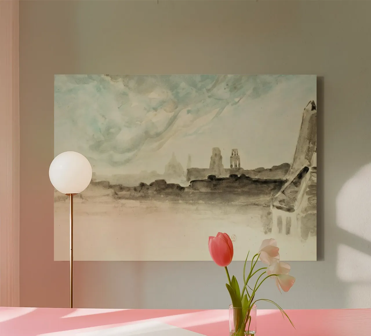 Distant Cityscape: Historic Skyline, Atmospheric Sketch canvas with Floater frame by ClubArt