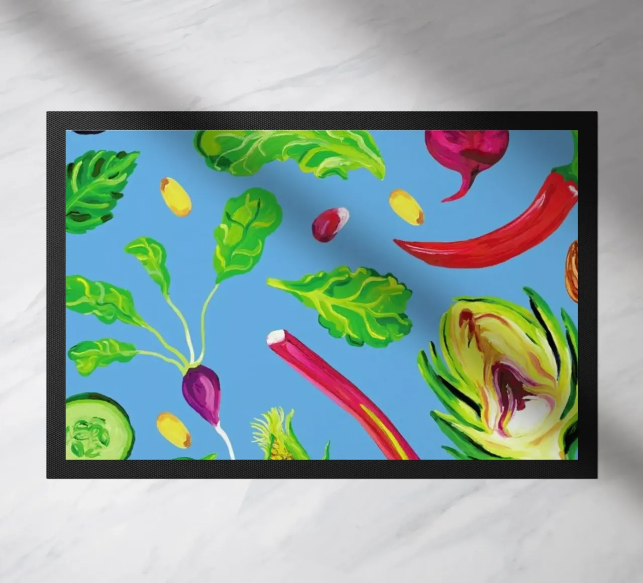 Spring Vegetables Blue doormat by Alice Straker