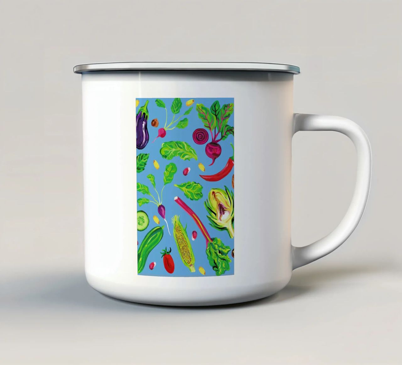 Spring Vegetables Blue tazza in smalto da Alice Straker