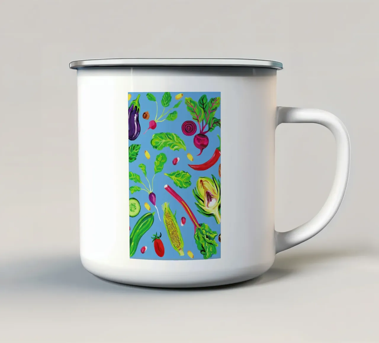 Spring Vegetables Blue tazza in smalto da Alice Straker