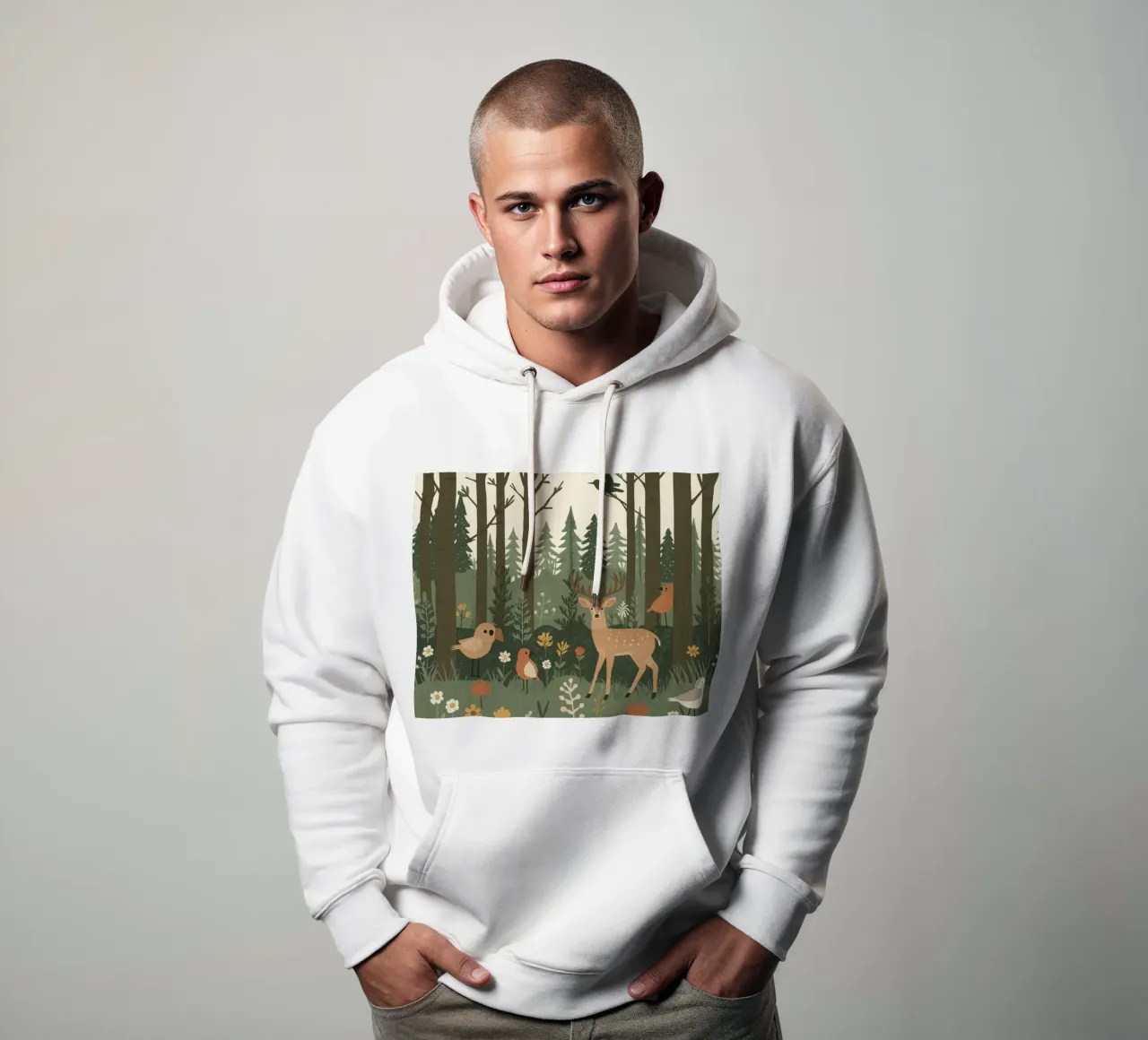 un cervo, uccelli e varie piante in una foresta con alberi ad alto fusto felpa con cappuccio da DesignDoodle