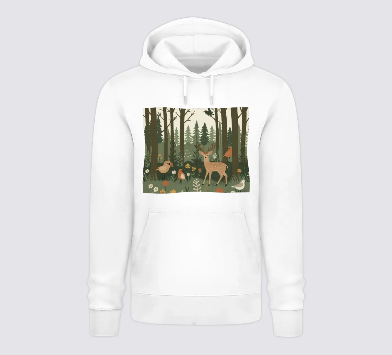 un cervo, uccelli e varie piante in una foresta con alberi ad alto fusto felpa con cappuccio da DesignDoodle