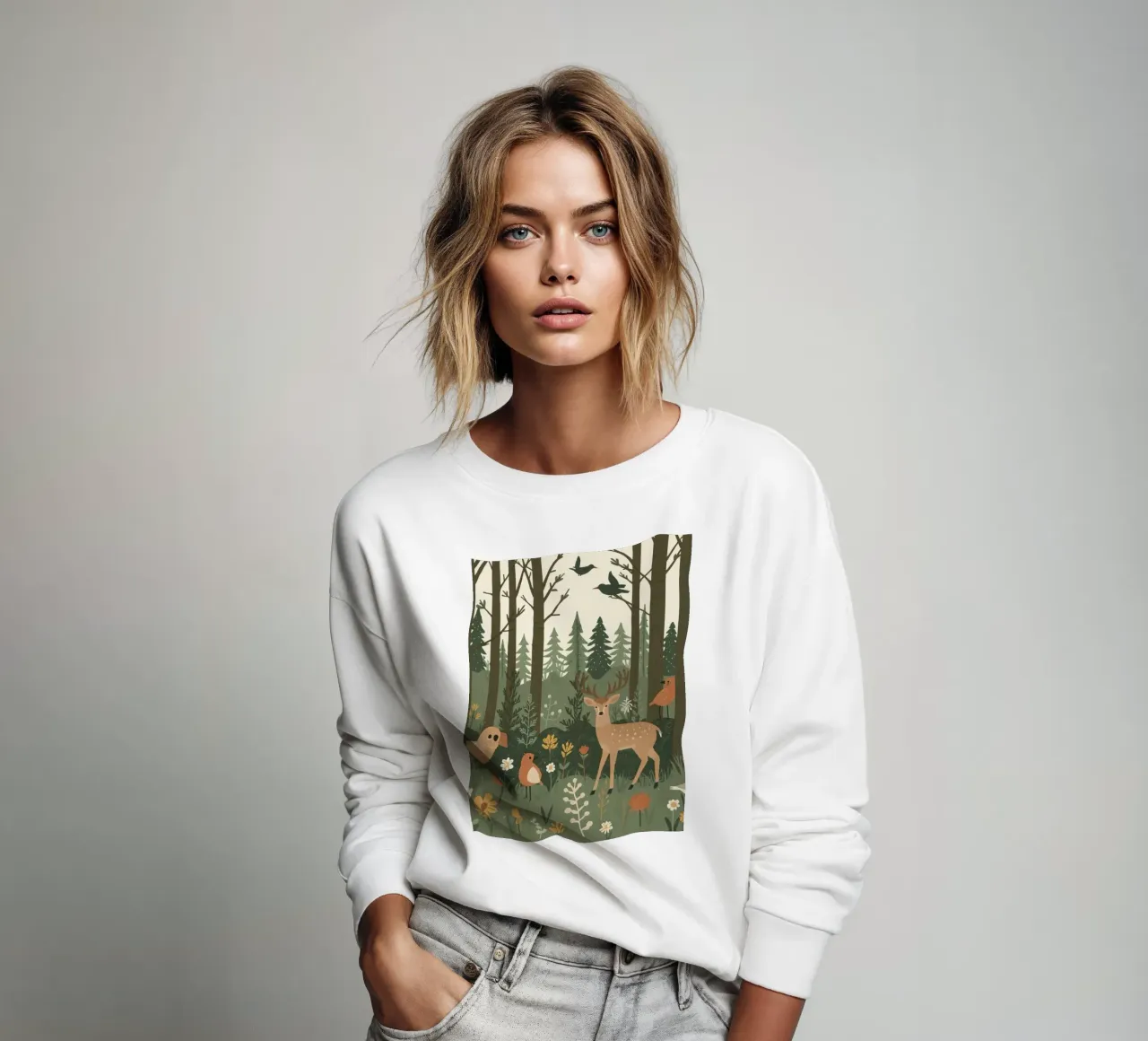 un cervo, uccelli e varie piante in una foresta con alberi ad alto fusto felpa da DesignDoodle