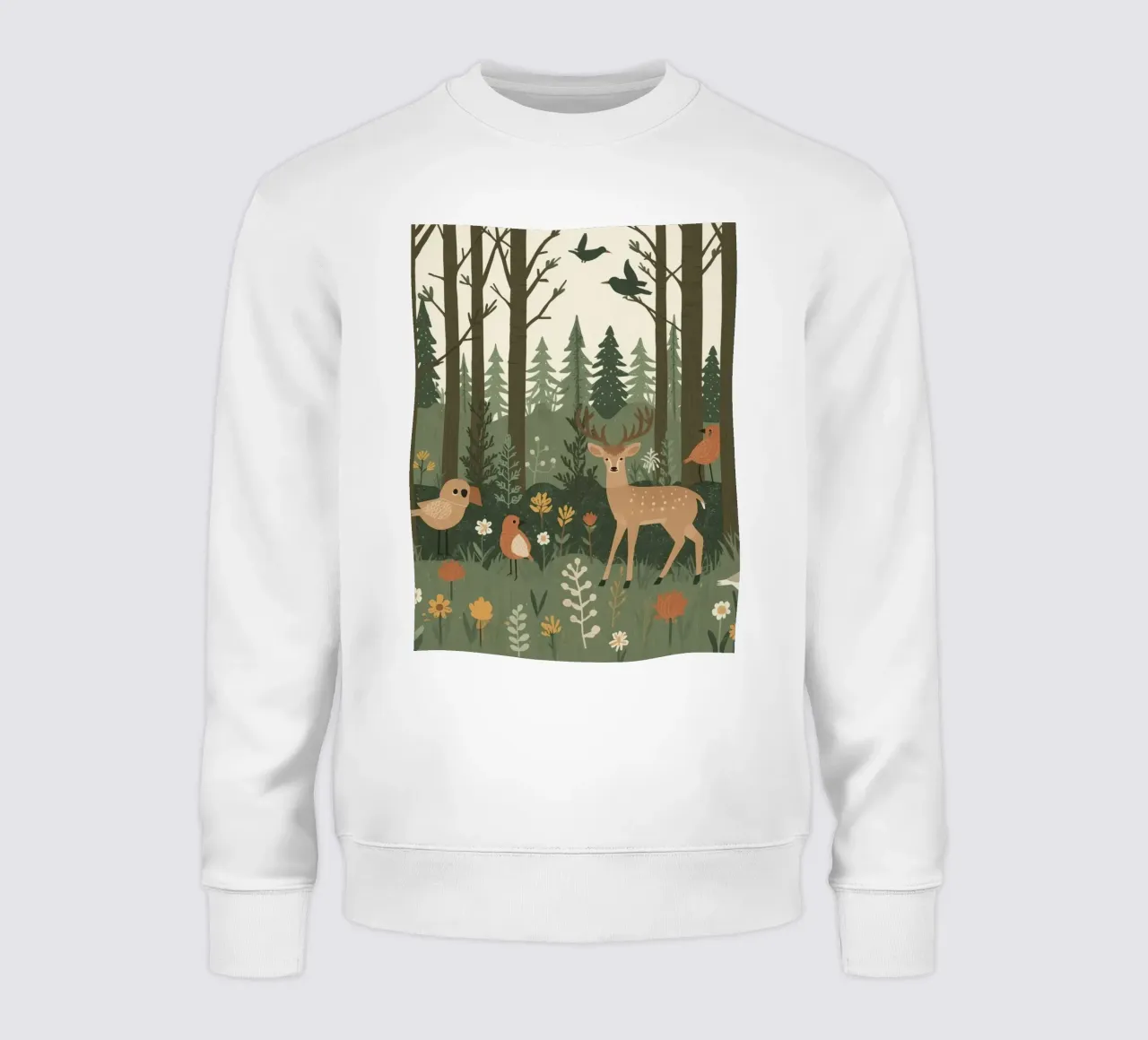 un cervo, uccelli e varie piante in una foresta con alberi ad alto fusto felpa da DesignDoodle