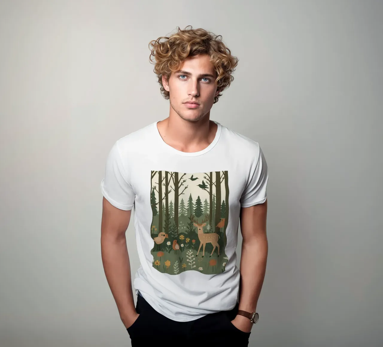 un cervo, uccelli e varie piante in una foresta con alberi ad alto fusto t-shirt da DesignDoodle
