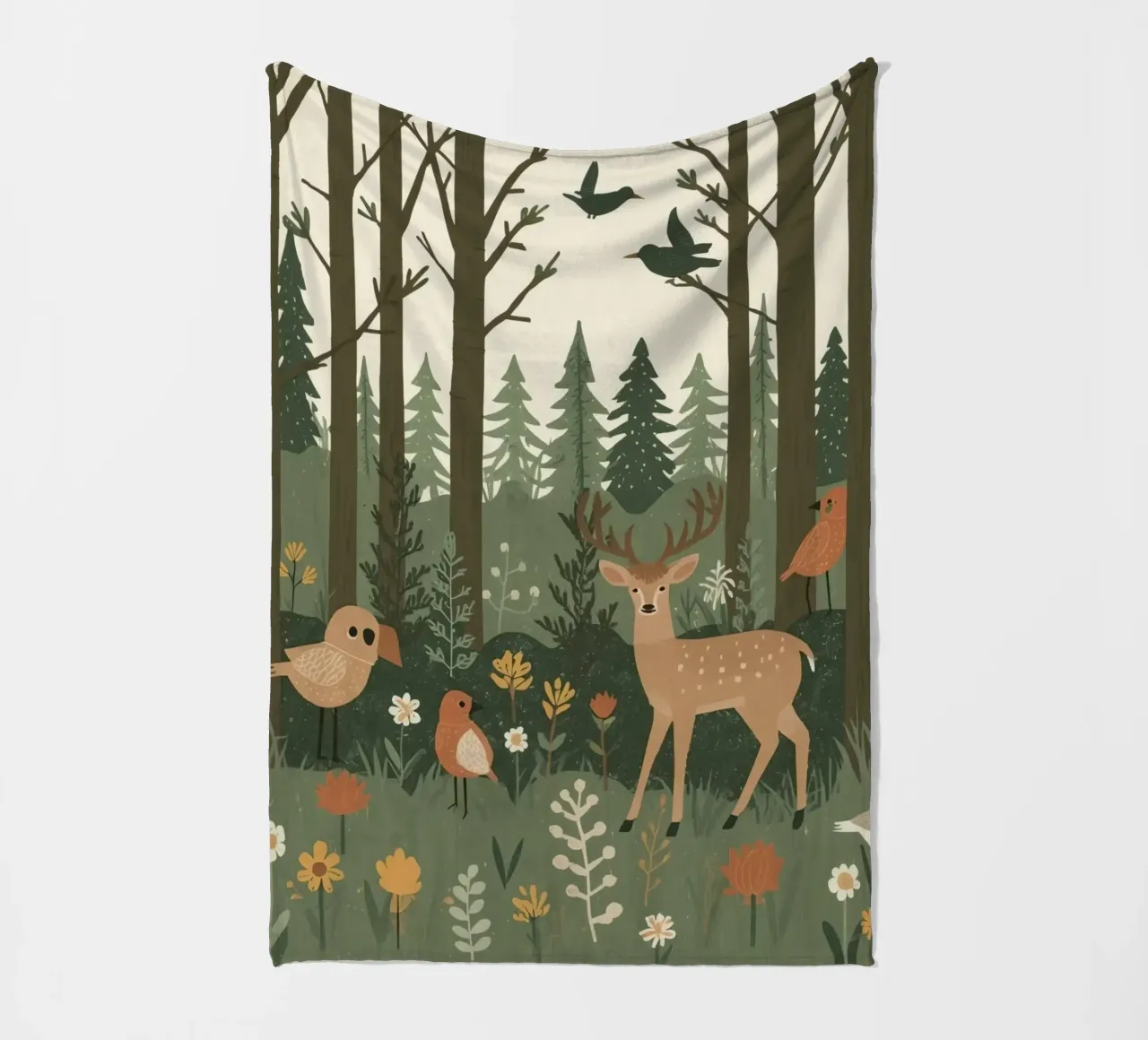 un cervo, uccelli e varie piante in una foresta con alberi ad alto fusto coperta in pile da DesignDoodle