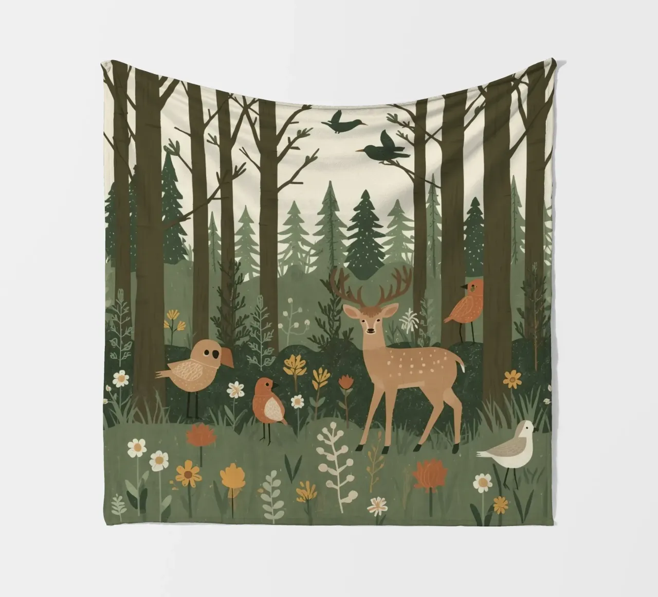 un cervo, uccelli e varie piante in una foresta con alberi ad alto fusto coperta in pile da DesignDoodle