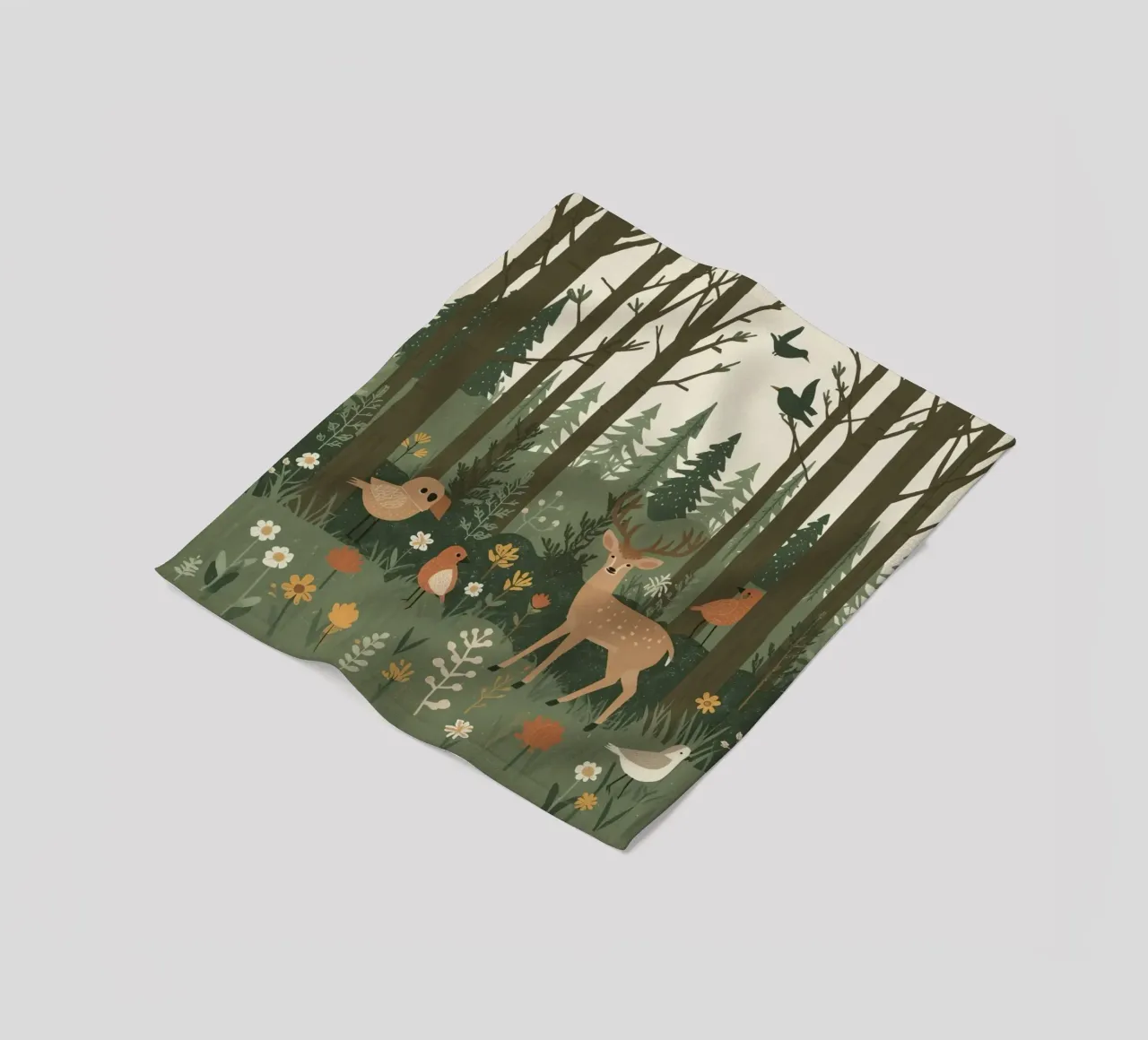 un cervo, uccelli e varie piante in una foresta con alberi ad alto fusto coperta in pile da DesignDoodle