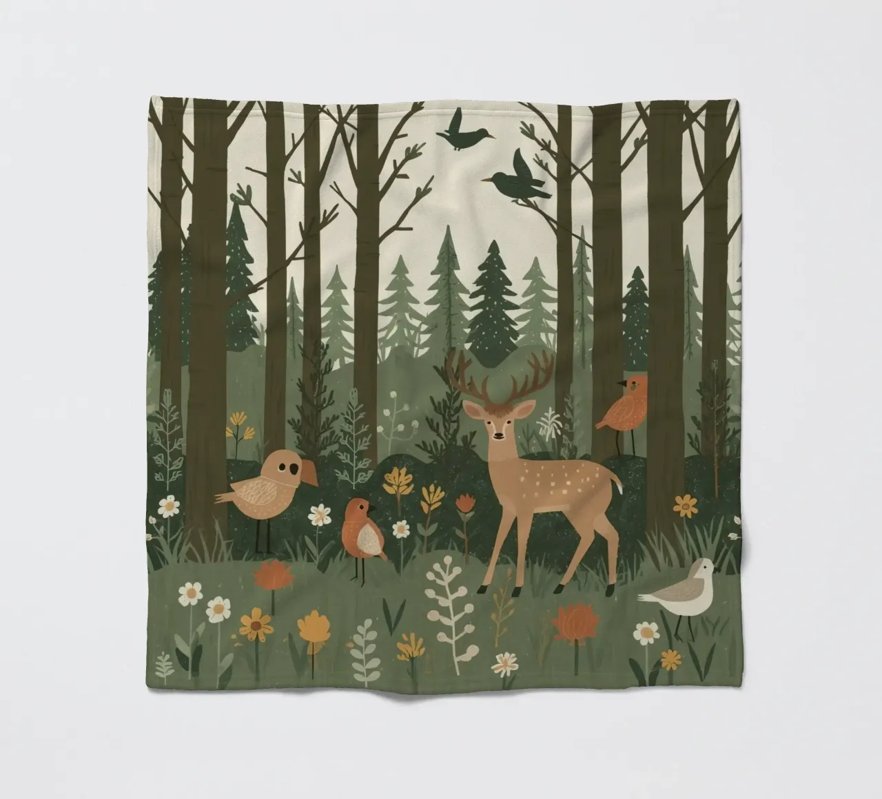 un cervo, uccelli e varie piante in una foresta con alberi ad alto fusto coperta in pile da DesignDoodle