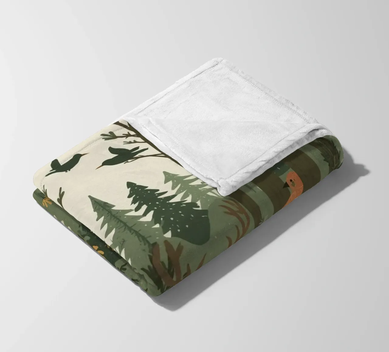 un cervo, uccelli e varie piante in una foresta con alberi ad alto fusto coperta in pile da DesignDoodle