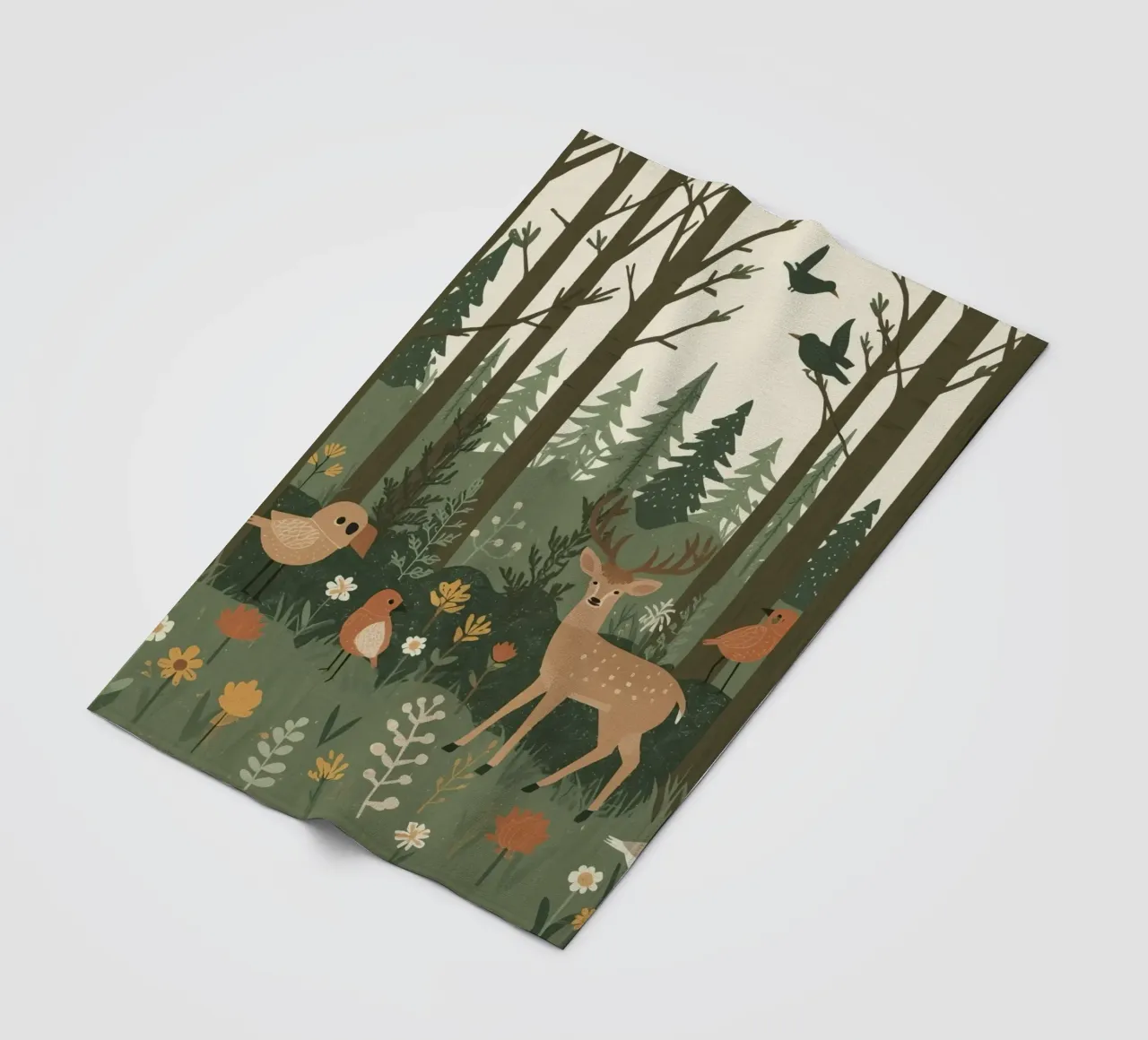 un cervo, uccelli e varie piante in una foresta con alberi ad alto fusto coperta in pile da DesignDoodle