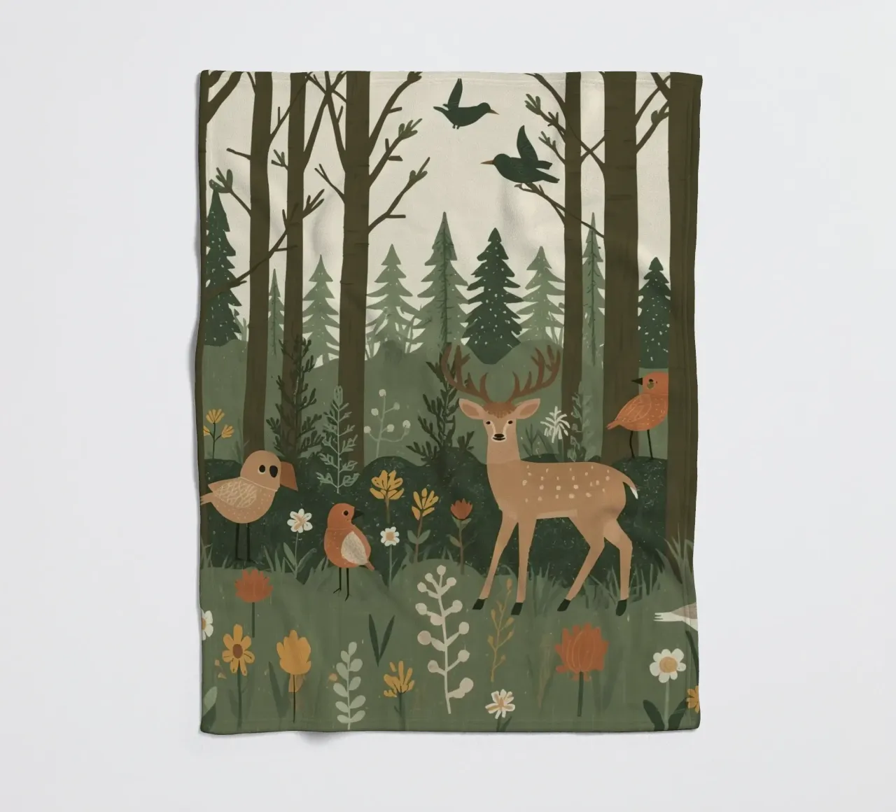 un cervo, uccelli e varie piante in una foresta con alberi ad alto fusto coperta in pile da DesignDoodle