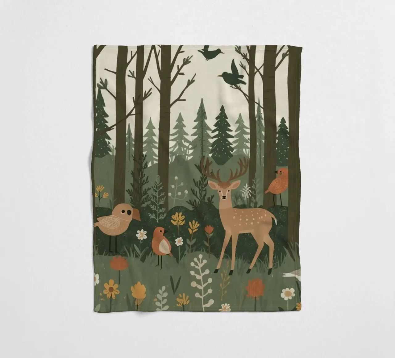 un cervo, uccelli e varie piante in una foresta con alberi ad alto fusto coperta in pile da DesignDoodle