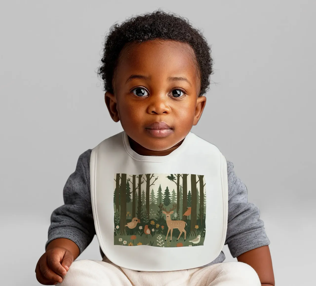 un cervo, uccelli e varie piante in una foresta con alberi ad alto fusto bavaglino da DesignDoodle