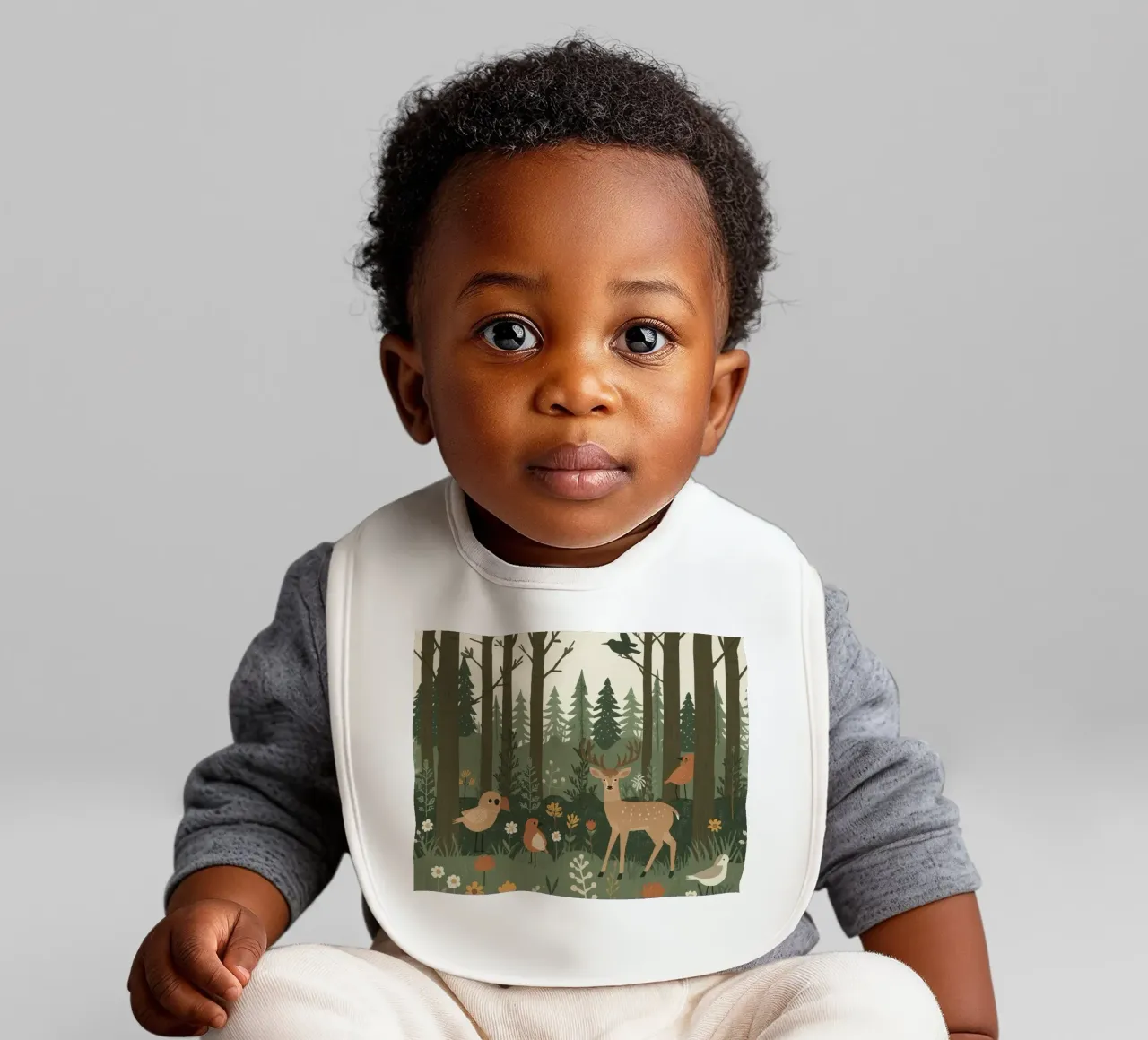 un cervo, uccelli e varie piante in una foresta con alberi ad alto fusto bavaglino da DesignDoodle