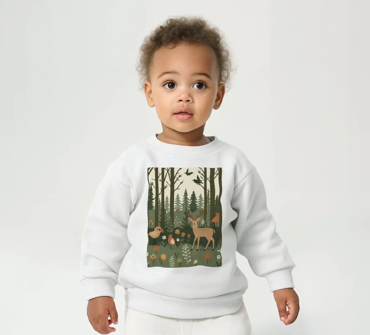 un cervo, uccelli e varie piante in una foresta con alberi ad alto fusto felpa neonato da DesignDoodle