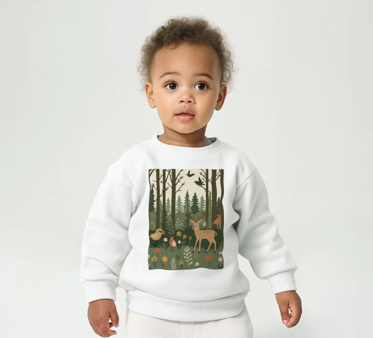 un cervo, uccelli e varie piante in una foresta con alberi ad alto fusto felpa neonato da DesignDoodle