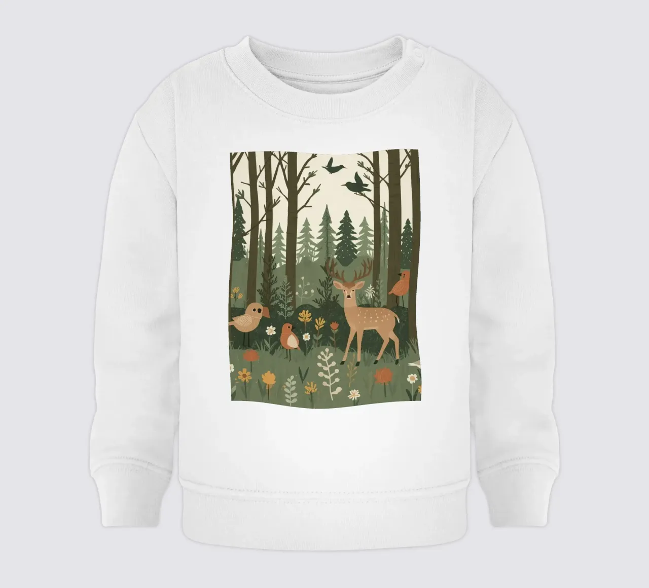 un cervo, uccelli e varie piante in una foresta con alberi ad alto fusto felpa neonato da DesignDoodle
