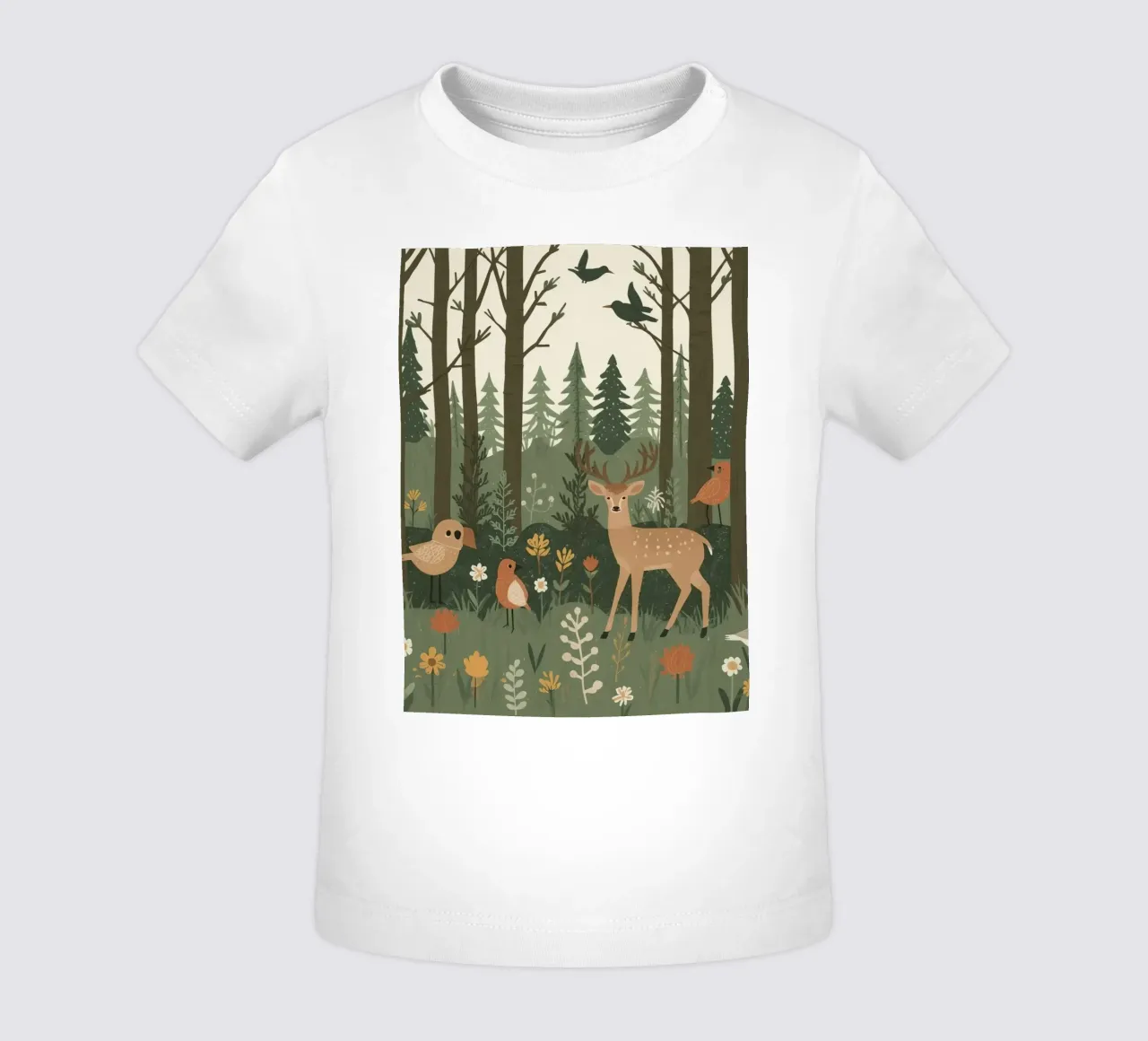 un cervo, uccelli e varie piante in una foresta con alberi ad alto fusto maglietta neonato da DesignDoodle