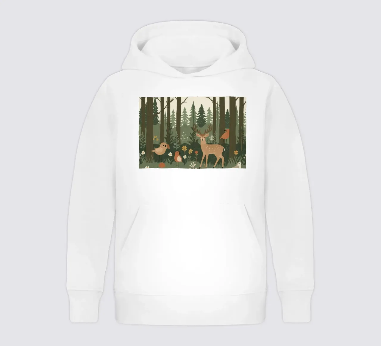 un cervo, uccelli e varie piante in una foresta con alberi ad alto fusto felpa bambino con cappuccio da DesignDoodle