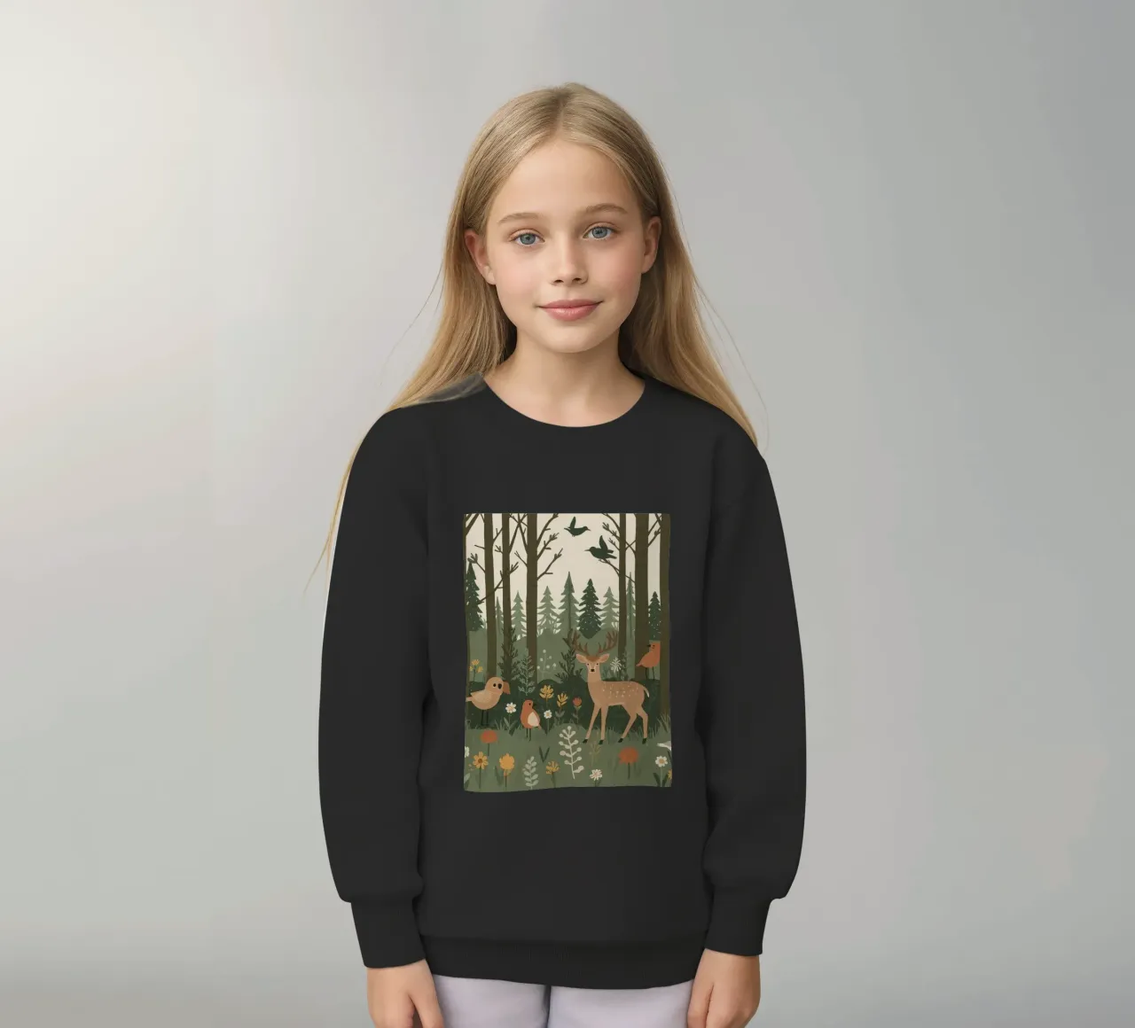 un cervo, uccelli e varie piante in una foresta con alberi ad alto fusto felpa bambino da DesignDoodle