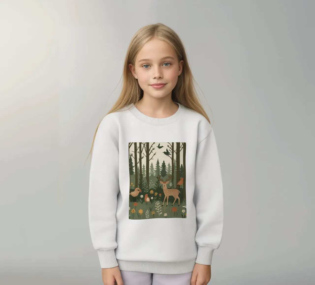 un cervo, uccelli e varie piante in una foresta con alberi ad alto fusto felpa bambino da DesignDoodle