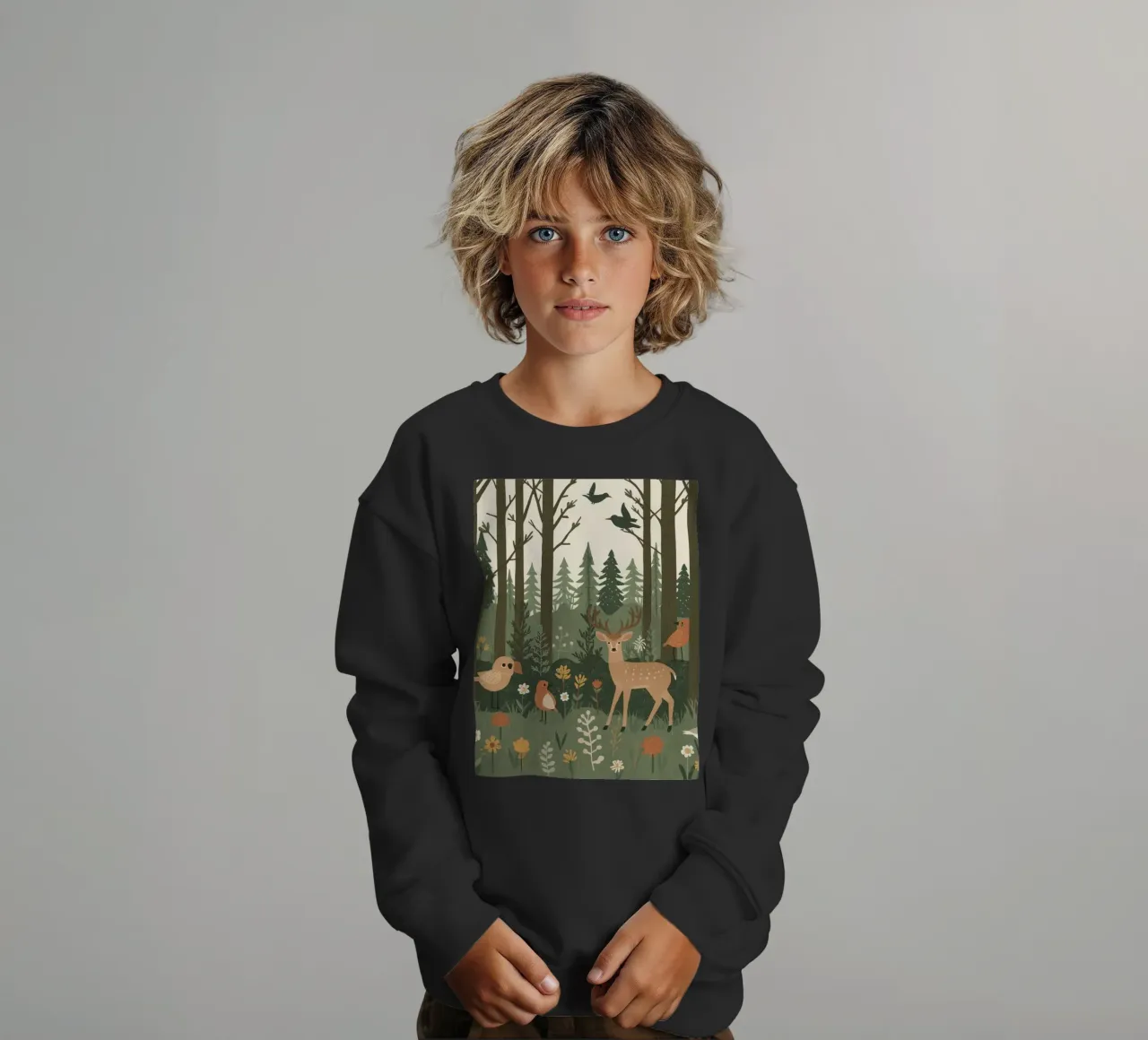 un cervo, uccelli e varie piante in una foresta con alberi ad alto fusto felpa bambino da DesignDoodle