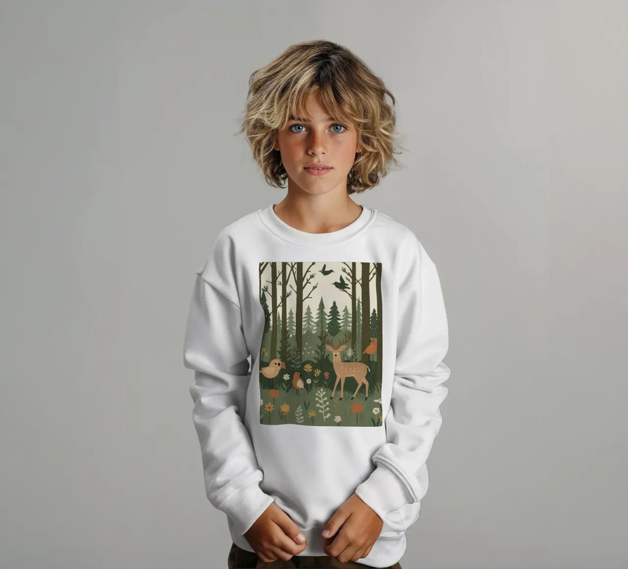 un cervo, uccelli e varie piante in una foresta con alberi ad alto fusto felpa bambino da DesignDoodle