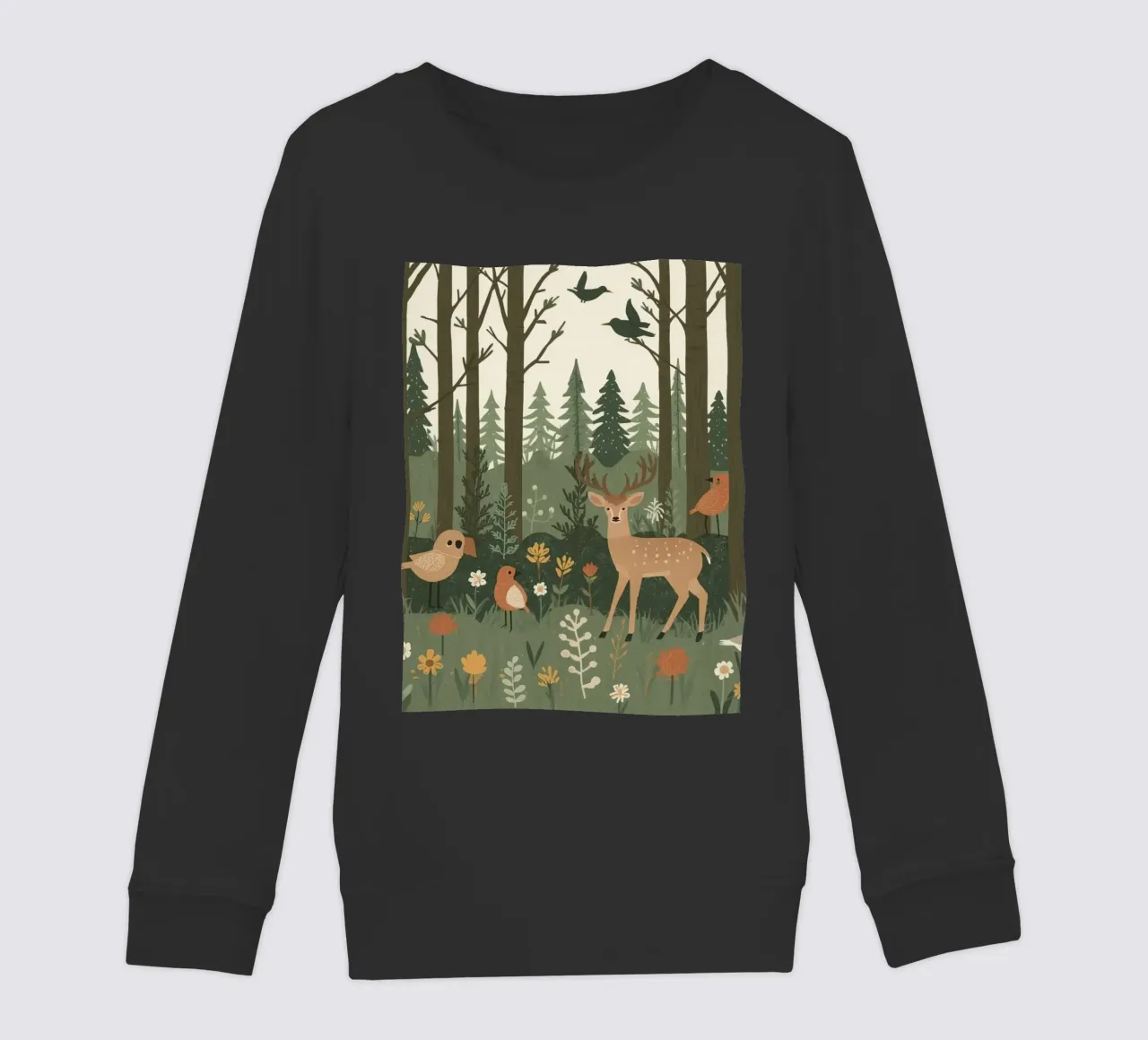 un cervo, uccelli e varie piante in una foresta con alberi ad alto fusto felpa bambino da DesignDoodle