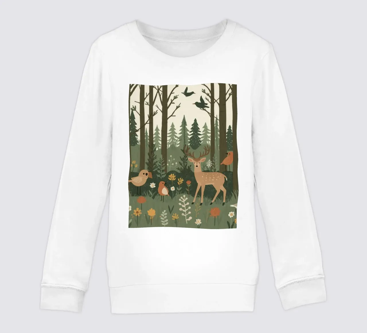 un cervo, uccelli e varie piante in una foresta con alberi ad alto fusto felpa bambino da DesignDoodle