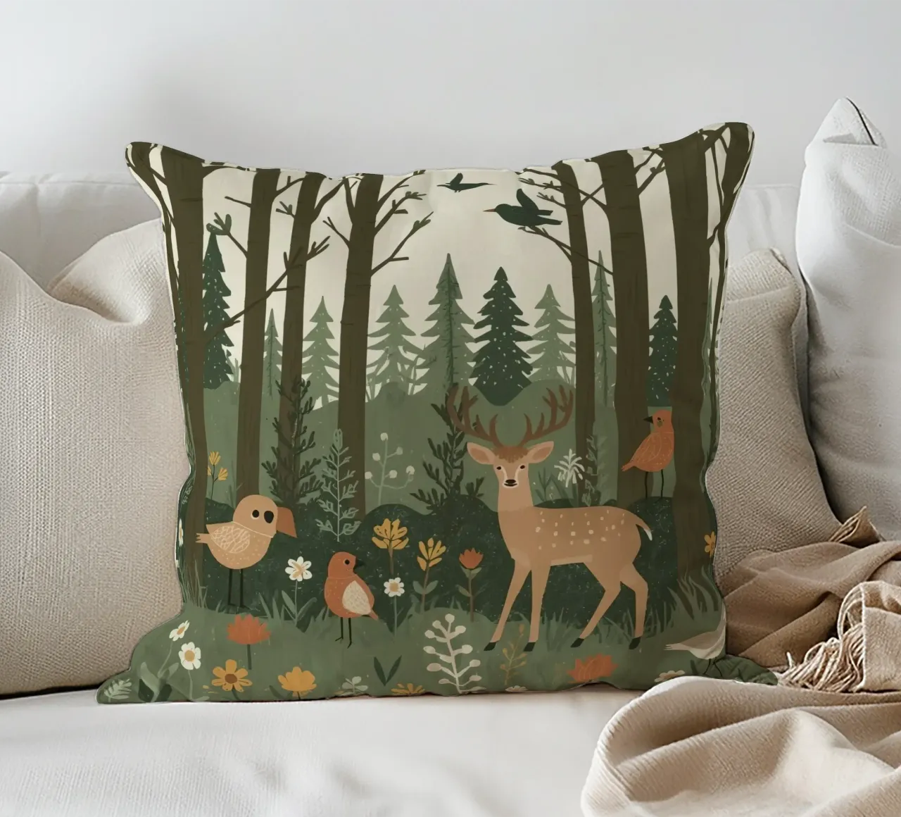 ein Reh, Vögel und verschiedene Pflanzen in einem Wald mit hohen Bäumen Kissen von DesignDoodle