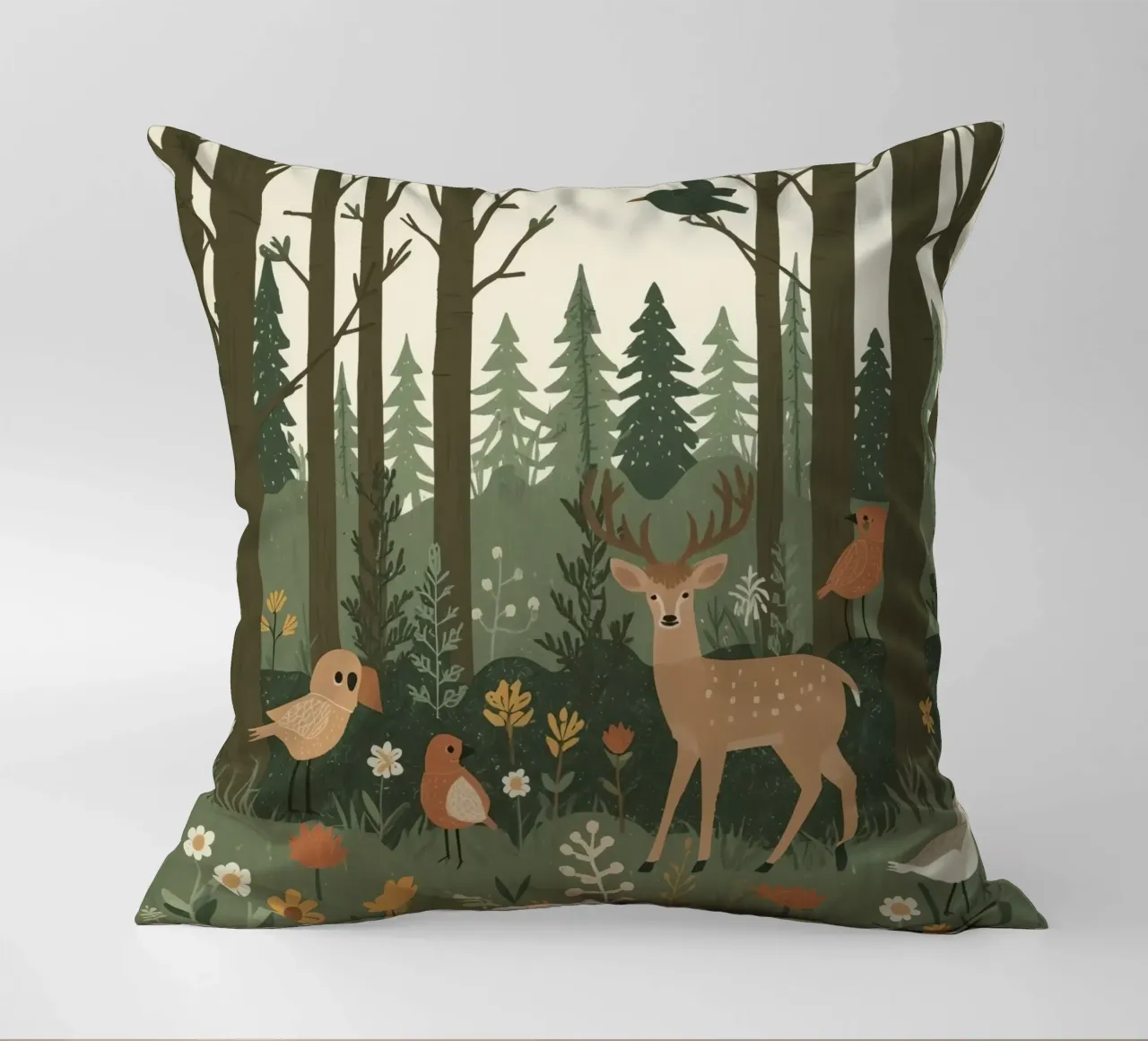 un cervo, uccelli e varie piante in una foresta con alberi ad alto fusto cuscino da DesignDoodle