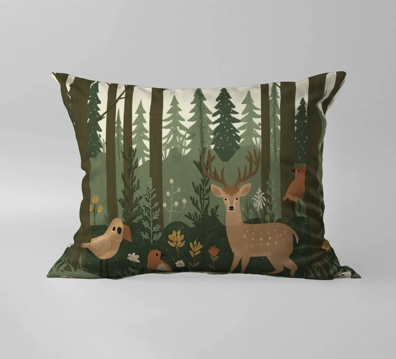 ein Reh, Vögel und verschiedene Pflanzen in einem Wald mit hohen Bäumen Kissen von DesignDoodle