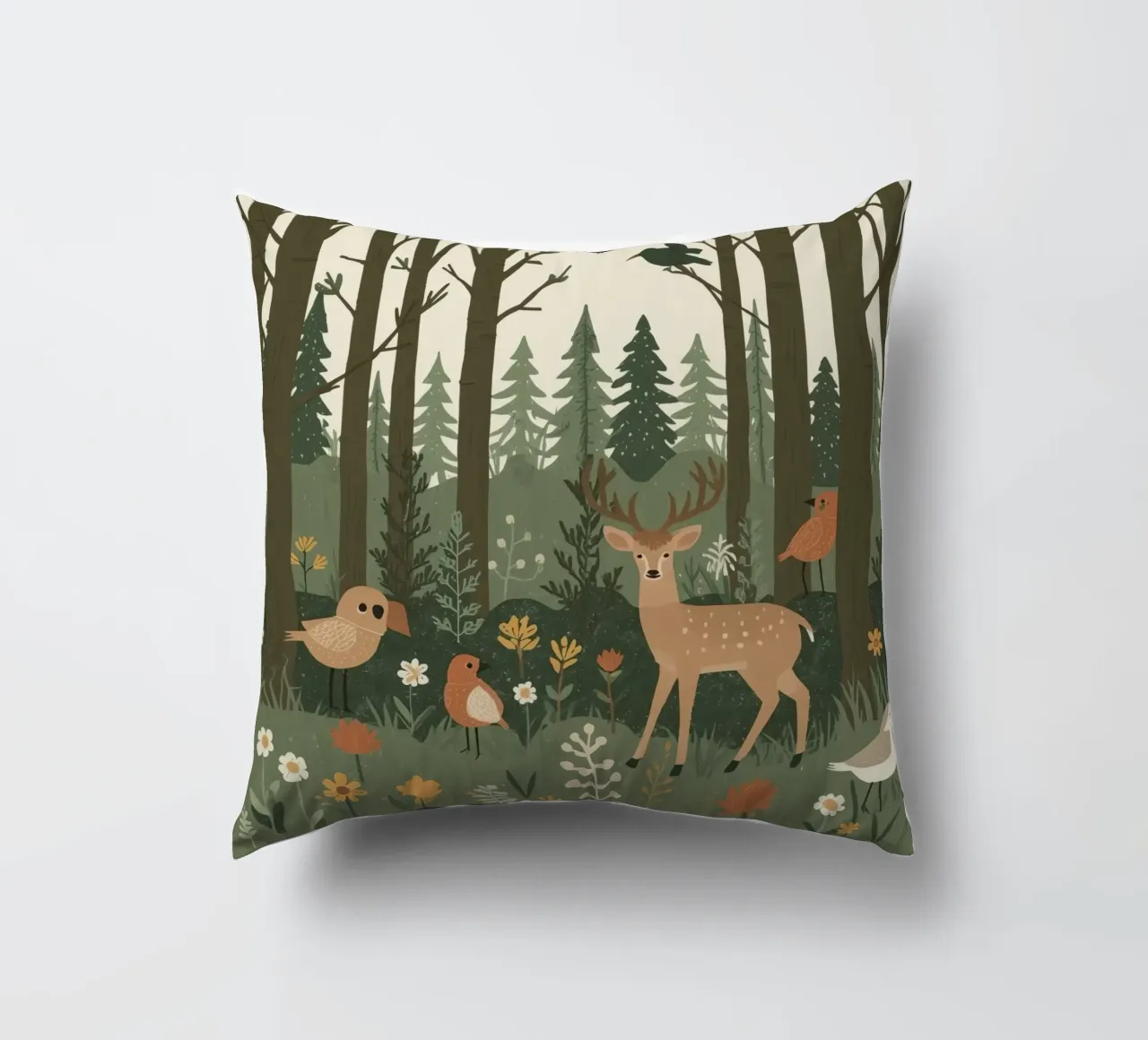 un cervo, uccelli e varie piante in una foresta con alberi ad alto fusto cuscino da DesignDoodle