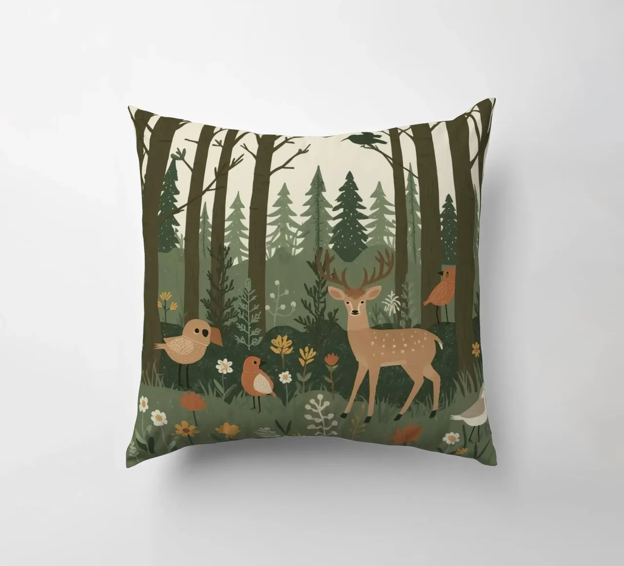 ein Reh, Vögel und verschiedene Pflanzen in einem Wald mit hohen Bäumen Kissen von DesignDoodle
