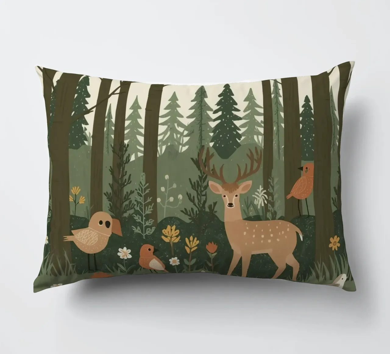 ein Reh, Vögel und verschiedene Pflanzen in einem Wald mit hohen Bäumen Kissen von DesignDoodle