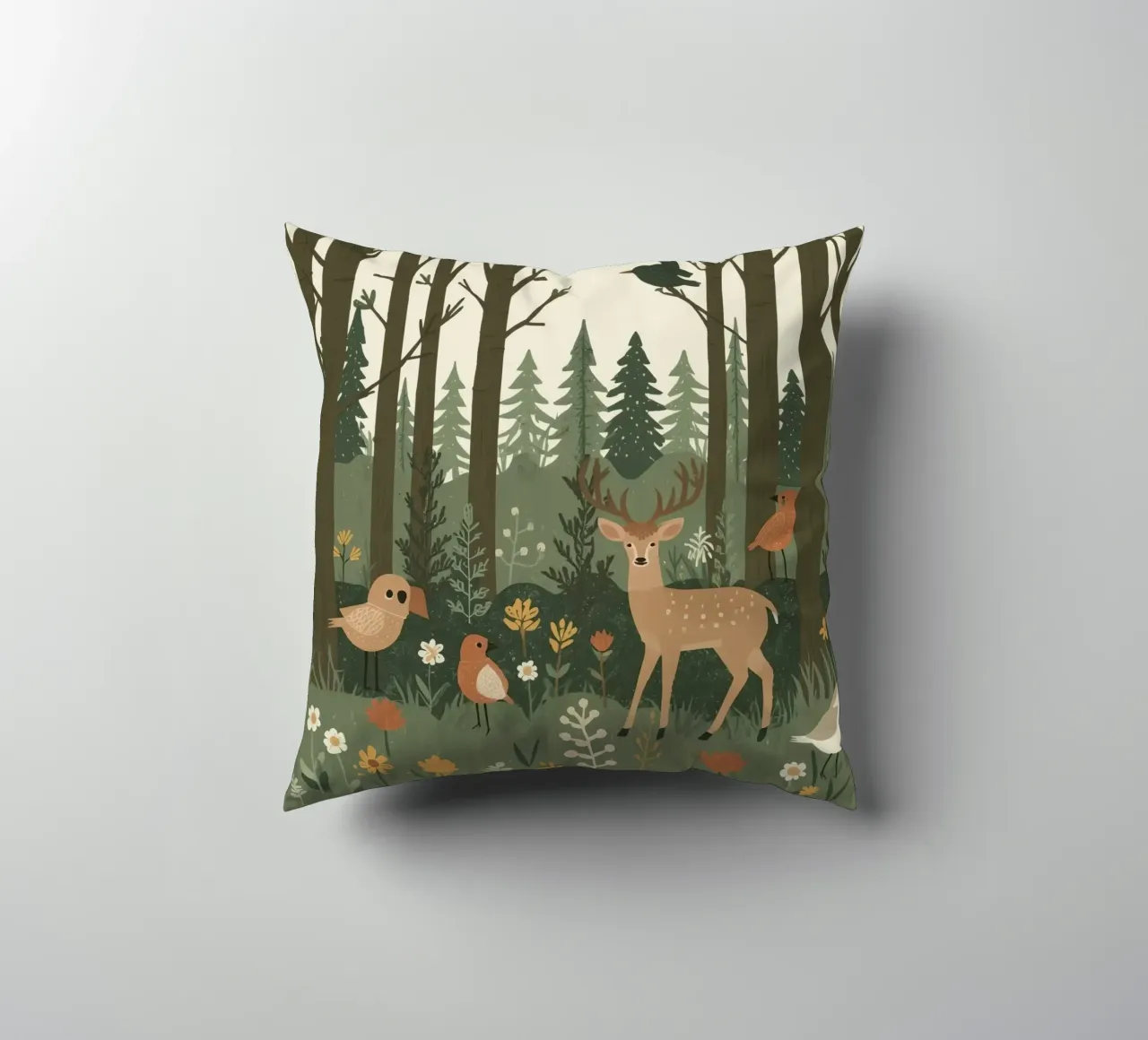 ein Reh, Vögel und verschiedene Pflanzen in einem Wald mit hohen Bäumen Kissen von DesignDoodle