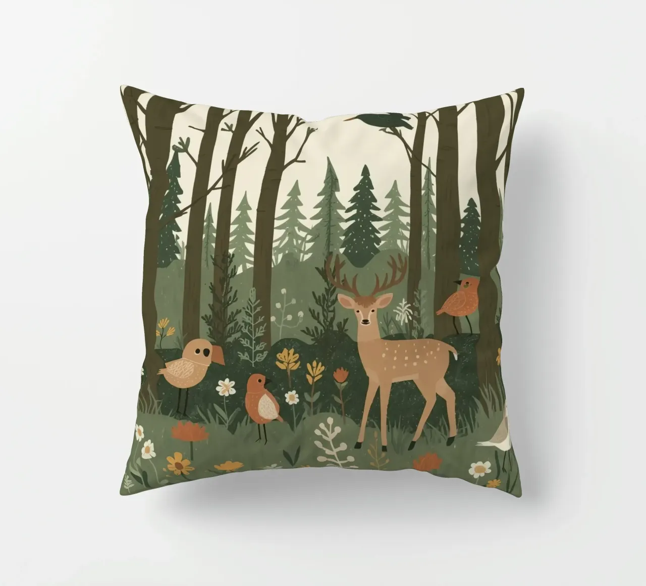ein Reh, Vögel und verschiedene Pflanzen in einem Wald mit hohen Bäumen Kissen von DesignDoodle