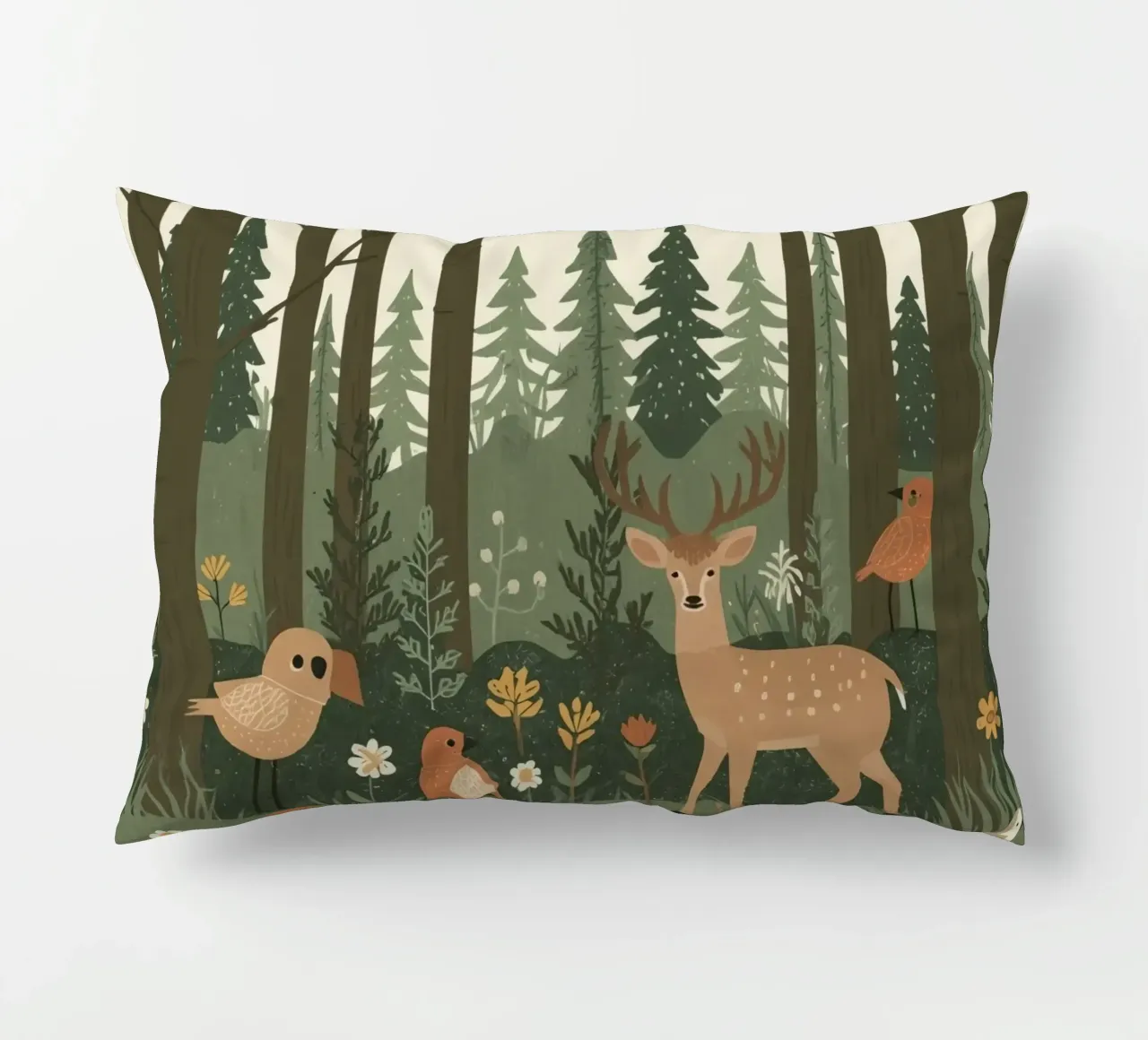 ein Reh, Vögel und verschiedene Pflanzen in einem Wald mit hohen Bäumen Kissen von DesignDoodle