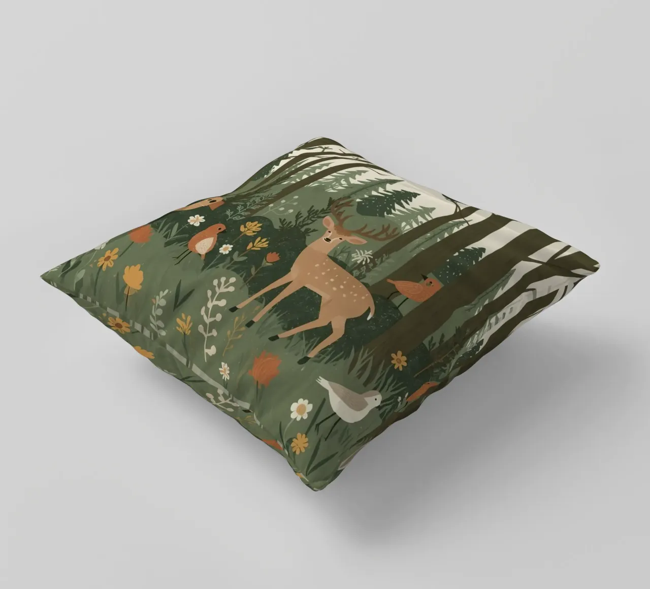 un cervo, uccelli e varie piante in una foresta con alberi ad alto fusto cuscino da DesignDoodle