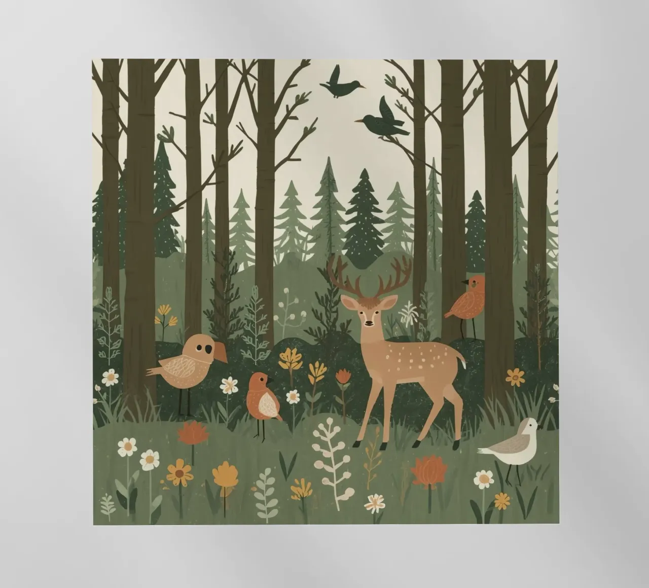 un cervo, uccelli e varie piante in una foresta con alberi ad alto fusto pellicola backlit da DesignDoodle