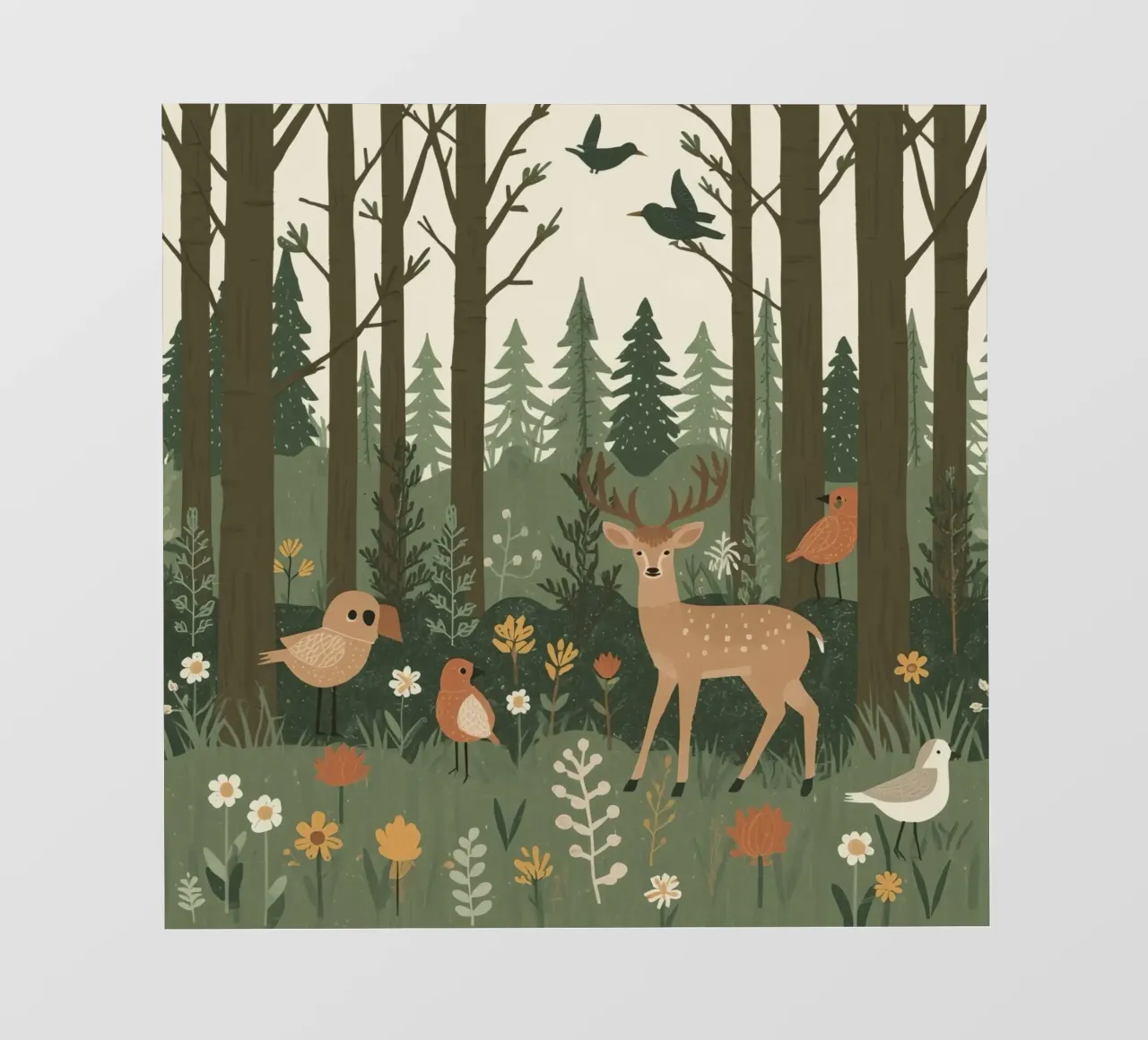 un cervo, uccelli e varie piante in una foresta con alberi ad alto fusto pellicola backlit da DesignDoodle