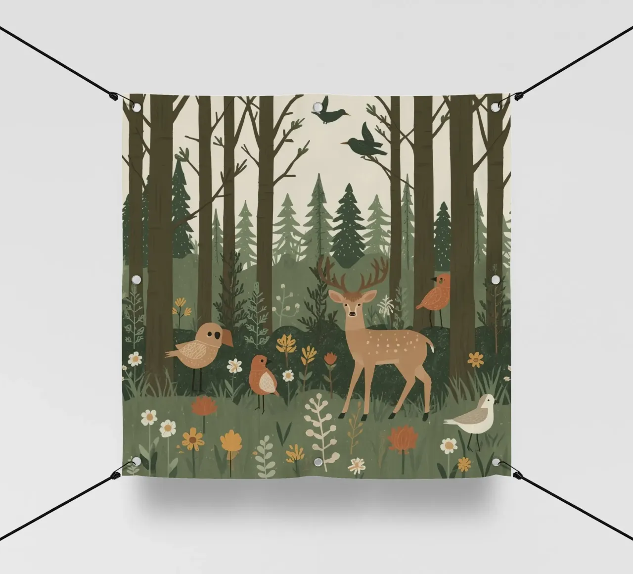 un cervo, uccelli e varie piante in una foresta con alberi ad alto fusto telo in pvc da DesignDoodle