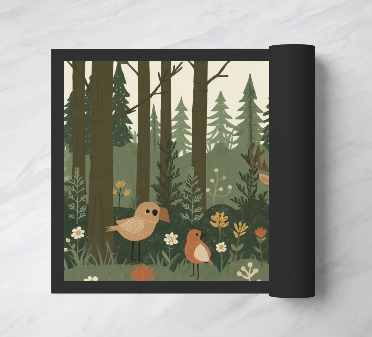 un cervo, uccelli e varie piante in una foresta con alberi ad alto fusto zerbino da DesignDoodle