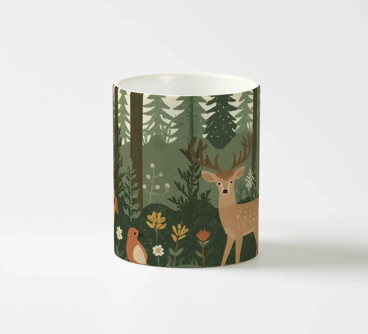 un cervo, uccelli e varie piante in una foresta con alberi ad alto fusto tazza in ceramica da DesignDoodle