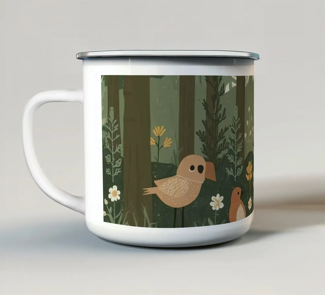 un cervo, uccelli e varie piante in una foresta con alberi ad alto fusto tazza in smalto da DesignDoodle