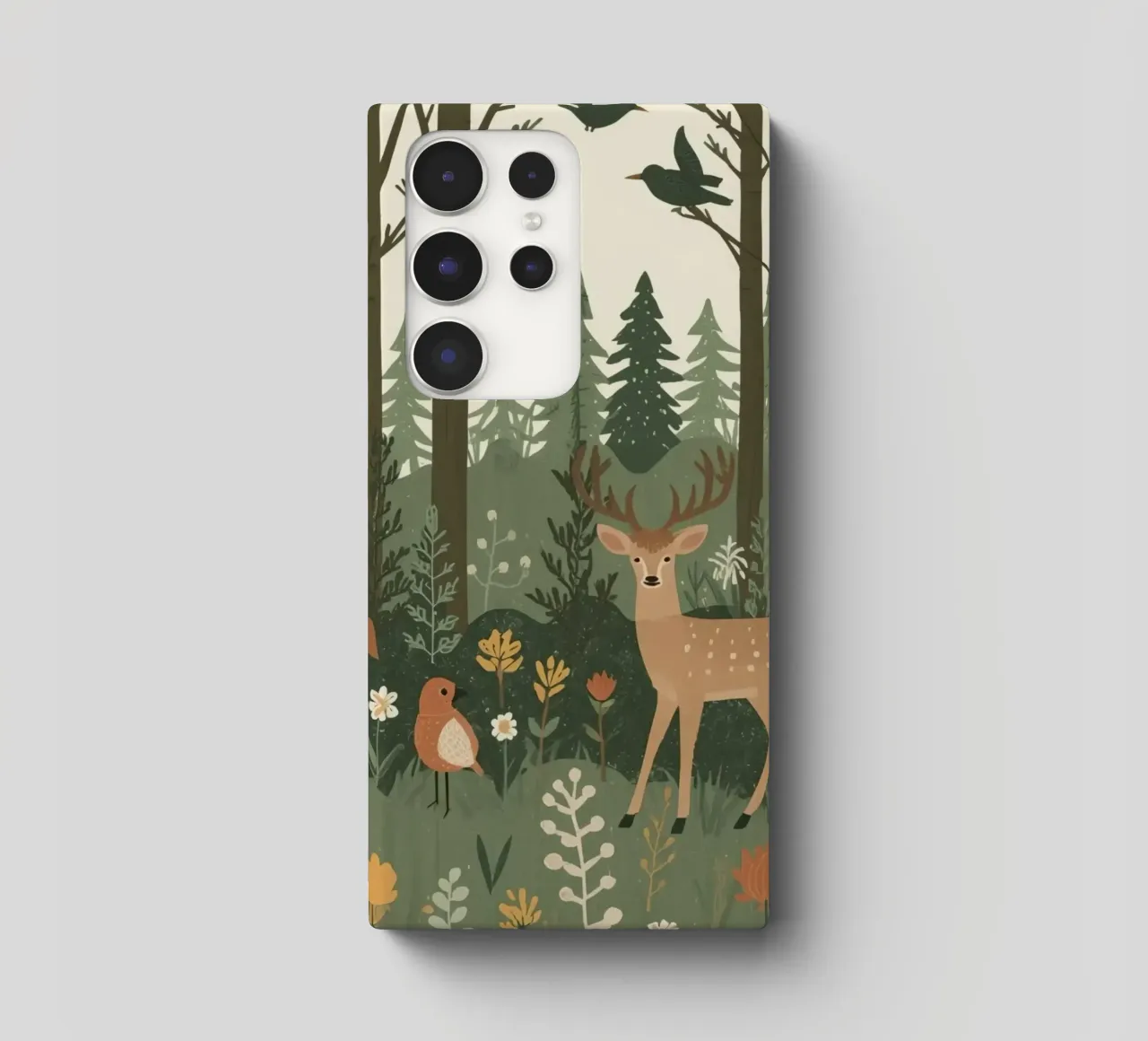 un cervo, uccelli e varie piante in una foresta con alberi ad alto fusto cover samsung da DesignDoodle