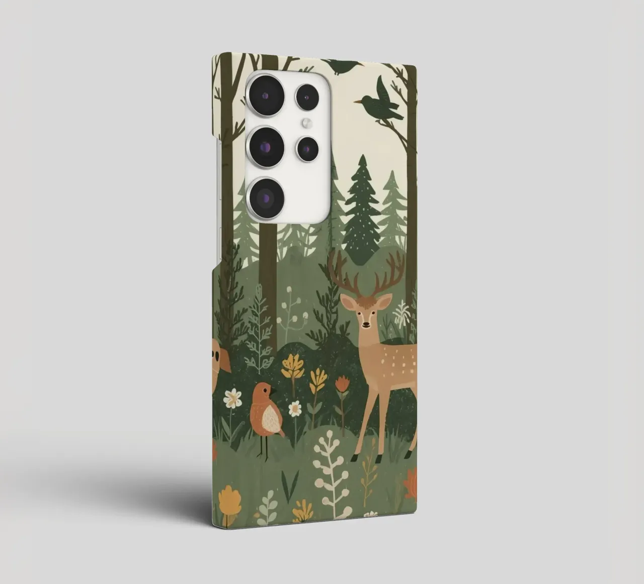 un cervo, uccelli e varie piante in una foresta con alberi ad alto fusto cover samsung da DesignDoodle