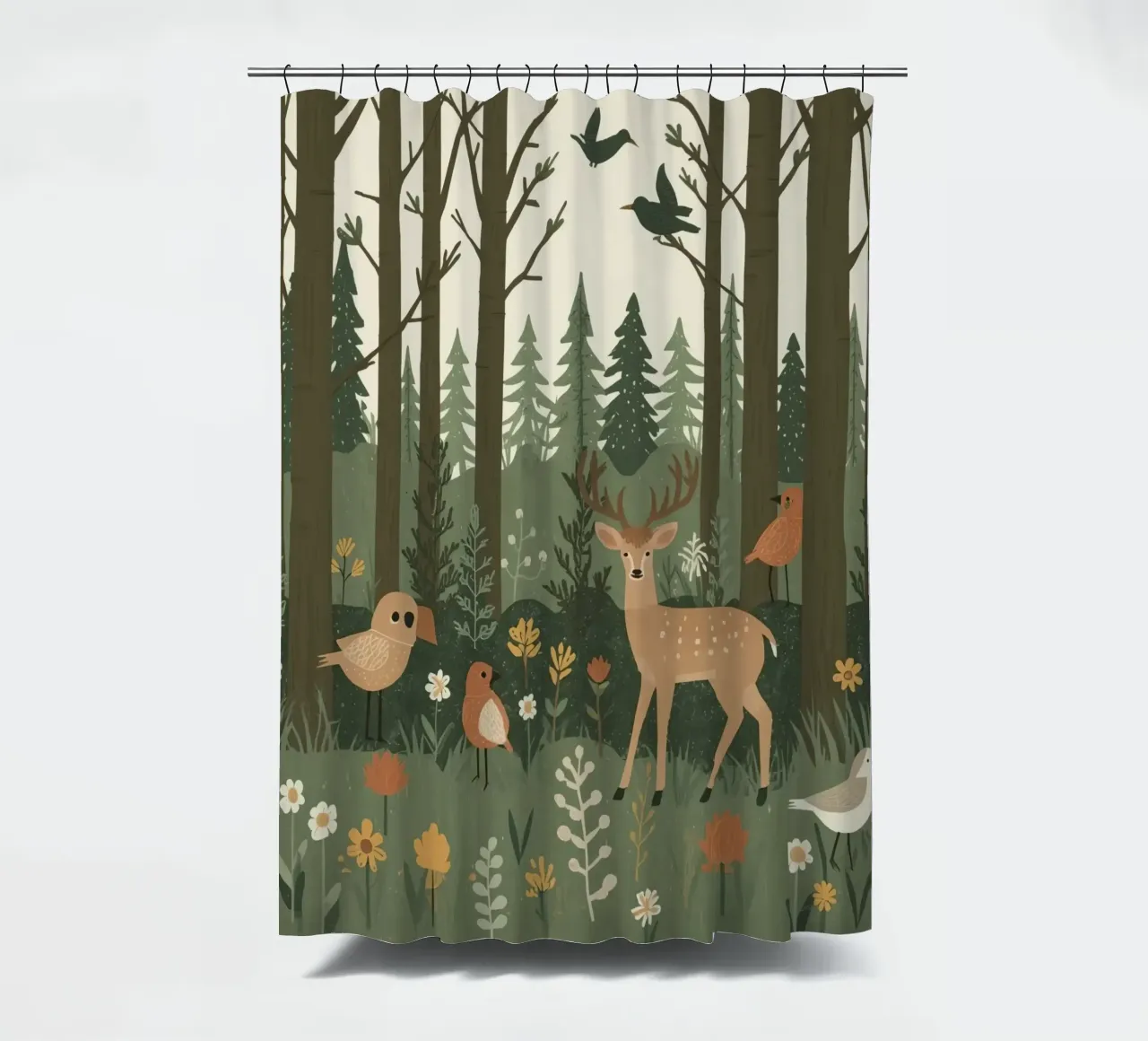 un cervo, uccelli e varie piante in una foresta con alberi ad alto fusto tenda da doccia da DesignDoodle